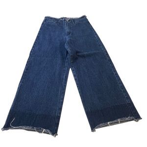 Achro Women's High Waisted Raw Hem Wide Leg Jeans Blue Denim Dark Wash Size XS